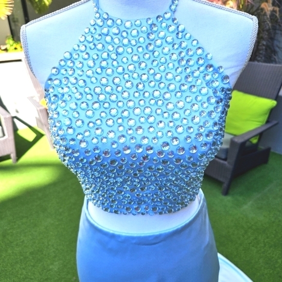 Sherri Hill Crystal Halter Gown Set ✦ Light Blue 2‑Piece Prom Dress w/ Train ✦ 4 - Picture 6 of 17